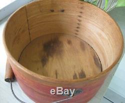 ANTIQUE PANTRY BOX WithLID, BAIL HANDLE, IN OLD RED PAINT, SIGNED S. O. HINGHAM MASS