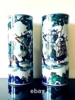 A Pair Of Old Chinese Famille Verte Porcelain Warrior Vases