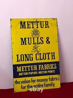 Advt Tin Enamel Porcelain Sign Board Mettur Mulls Long Cloth Antique Vintage Old