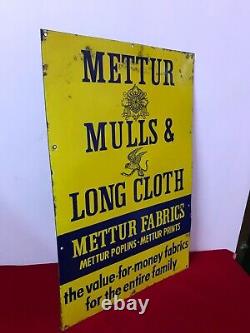 Advt Tin Enamel Porcelain Sign Board Mettur Mulls Long Cloth Antique Vintage Old