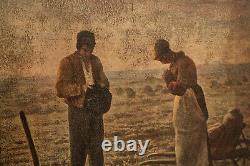 Antique 1800s French Oil Painting Farm Peasant Landscape People Realism Old Art