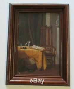 Antique 1880's Oil Painting Signed Interior Mansion Old Still Life Chair Book