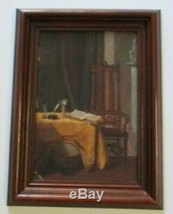 Antique 1880's Oil Painting Signed Interior Mansion Old Still Life Chair Book