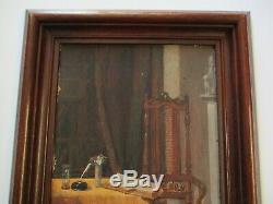 Antique 1880's Oil Painting Signed Interior Mansion Old Still Life Chair Book