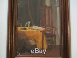 Antique 1880's Oil Painting Signed Interior Mansion Old Still Life Chair Book