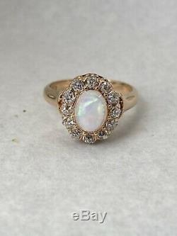 Antique 18k gold Victorian SIGNED 1.60ctw crystal opal and old mine diamond ring