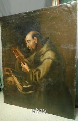 Antique 18th Century Old Master Painting St. Francis Italian Hermit Skull Santo