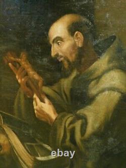 Antique 18th Century Old Master Painting St. Francis Italian Hermit Skull Santo