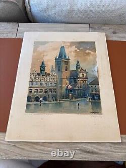 Antique 1918 Rolf Werner Signed Watercolor Painting Old Town Square Prague