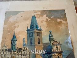Antique 1918 Rolf Werner Signed Watercolor Painting Old Town Square Prague