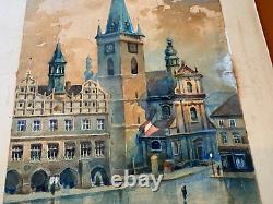 Antique 1918 Rolf Werner Signed Watercolor Painting Old Town Square Prague