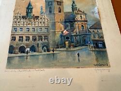 Antique 1918 Rolf Werner Signed Watercolor Painting Old Town Square Prague