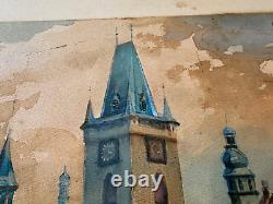 Antique 1918 Rolf Werner Signed Watercolor Painting Old Town Square Prague