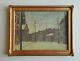 Antique 1918 Signed Mystery Early American Town Street Scene Old Oil Painting