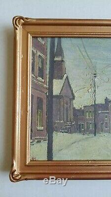 Antique 1918 Signed Mystery Early AMERICAN Town Street Scene Old Oil Painting