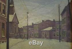 Antique 1918 Signed Mystery Early AMERICAN Town Street Scene Old Oil Painting
