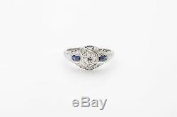 Antique 1920s Belais Signed 1ct Old Euro Diamond Sapphire 18k Gold Filigree Ring
