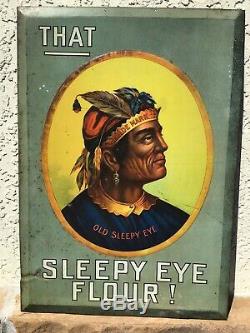 Antique 19 Old Sleepy Eye Flour Tin Sign C. 1900 Soda Farm Gas Oil