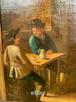 Antique 19th C Dutch Old Master Tavern Scene Painting