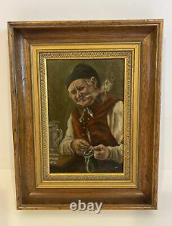 Antique 19th Century Oil on Board Painting Old Master Tavern European Signed