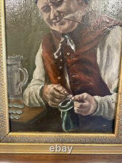 Antique 19th Century Oil on Board Painting Old Master Tavern European Signed