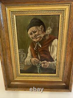 Antique 19th Century Oil on Board Painting Old Master Tavern European Signed