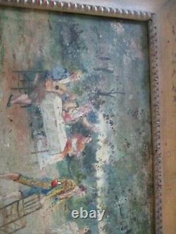 Antique 19th Century Small Gem Oil Painting Mystery Artist Landscape People Old