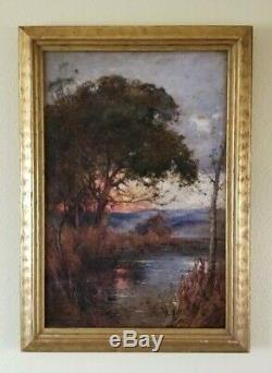 Antique 19th c Signed Mystery Tonalist 24 Oil Painting Old Impressionist Sunset
