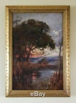 Antique 19th c Signed Mystery Tonalist 24 Oil Painting Old Impressionist Sunset