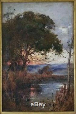 Antique 19th c Signed Mystery Tonalist 24 Oil Painting Old Impressionist Sunset