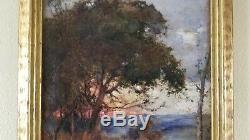 Antique 19th c Signed Mystery Tonalist 24 Oil Painting Old Impressionist Sunset