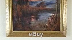 Antique 19th c Signed Mystery Tonalist 24 Oil Painting Old Impressionist Sunset