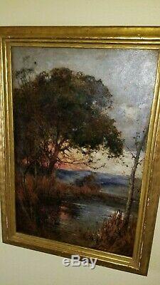 Antique 19th c Signed Mystery Tonalist 24 Oil Painting Old Impressionist Sunset