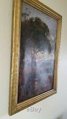 Antique 19th c Signed Mystery Tonalist 24 Oil Painting Old Impressionist Sunset