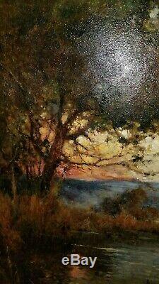 Antique 19th c Signed Mystery Tonalist 24 Oil Painting Old Impressionist Sunset