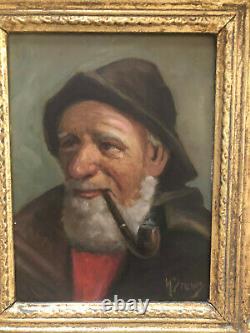 Antique 19th century German Old Man smoking pipe oil Painting Signed