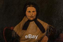 Antique American Folk Art Oil Painting Portrait Of Old Lady