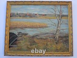 Antique American Painting Signed Mystery Impressionist Landscape Boat Dock Old