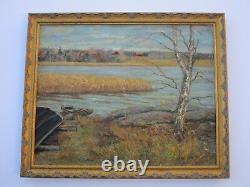 Antique American Painting Signed Mystery Impressionist Landscape Boat Dock Old