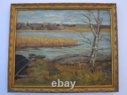 Antique American Painting Signed Mystery Impressionist Landscape Boat Dock Old