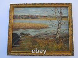 Antique American Painting Signed Mystery Impressionist Landscape Boat Dock Old