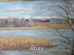 Antique American Painting Signed Mystery Impressionist Landscape Boat Dock Old