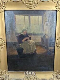 Antique American School Oil On Canvas Old Lady Interior Scene Signed Lukens 1913