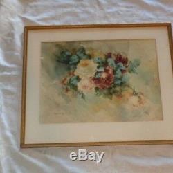 Antique Artist Signed Watercolor Roses Rose Floral Painting Old Estate