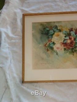 Antique Artist Signed Watercolor Roses Rose Floral Painting Old Estate