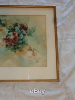 Antique Artist Signed Watercolor Roses Rose Floral Painting Old Estate