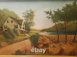 Antique Birdseye primitive folk art old school oil painting Homestead harvest