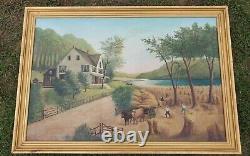 Antique Birdseye primitive folk art old school oil painting Homestead harvest