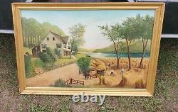 Antique Birdseye primitive folk art old school oil painting Homestead harvest
