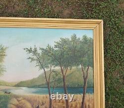 Antique Birdseye primitive folk art old school oil painting Homestead harvest